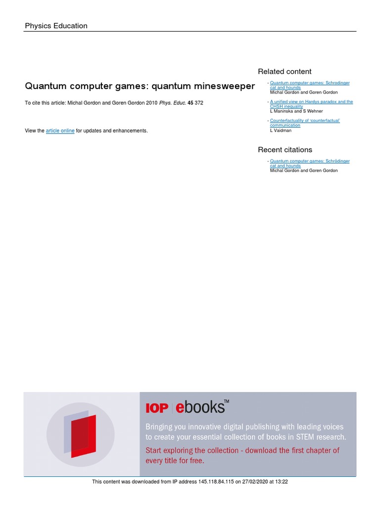 Quantum Computer Games Quantum Minesweeper Physics Education PDF