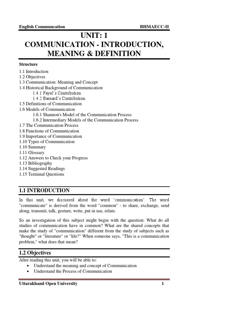 Unit: 1 Communication - Introduction, Meaning & Definition | PDF ...