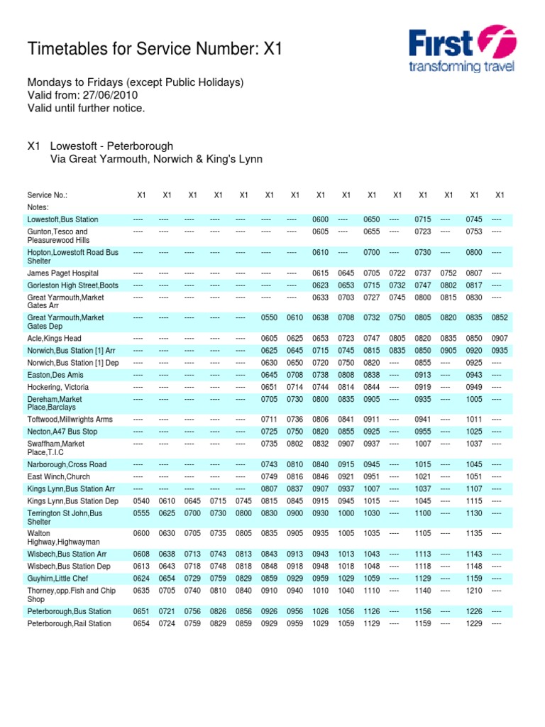 X1 Bus Timetable Overview | PDF | Bus Transport | Transport