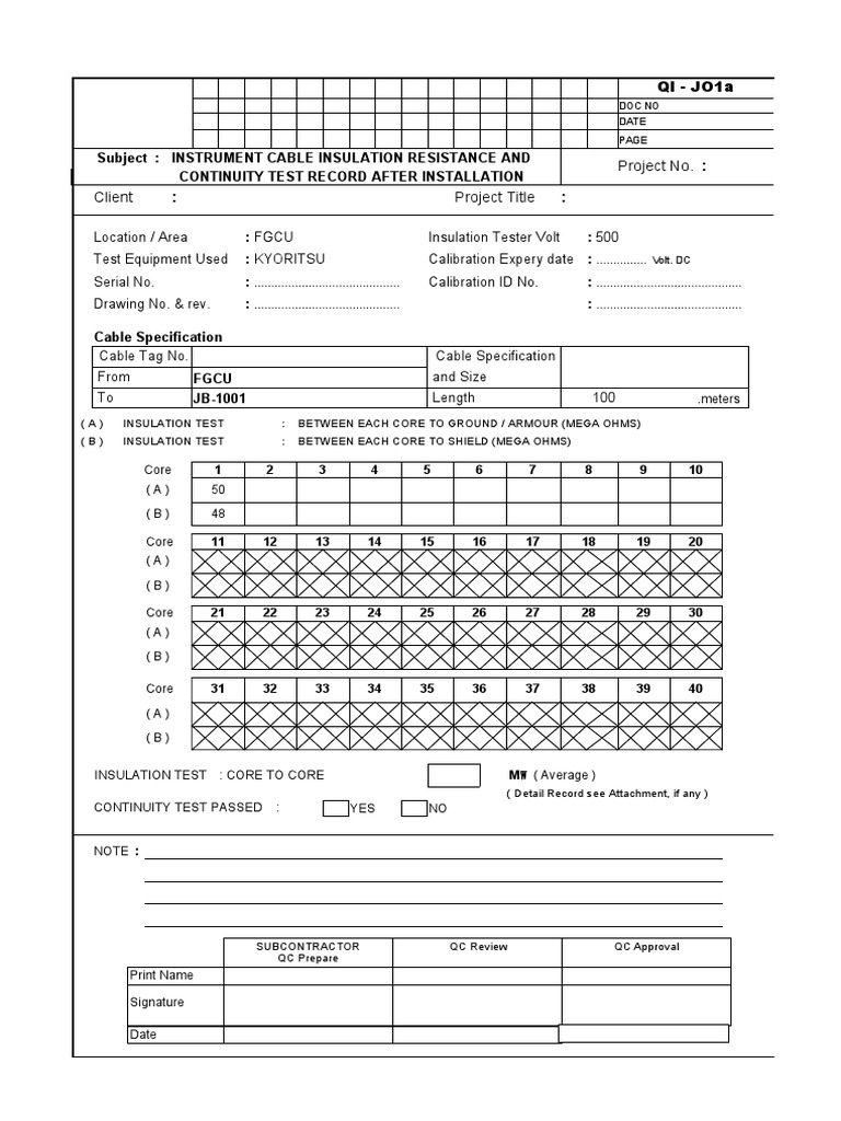 Instrument Cable Test Record Form | PDF | Electricity | Electronics