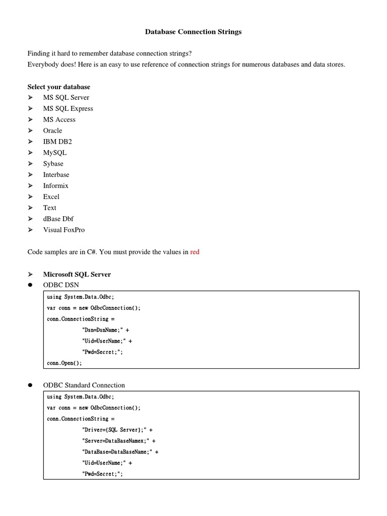 Database Connection Strings PDF Microsoft Access Microsoft Excel