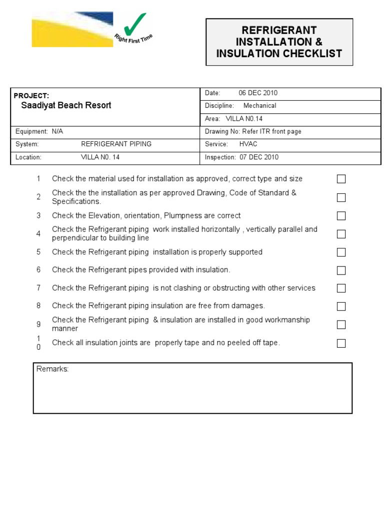 0734 Refrigerant Installation Checklist