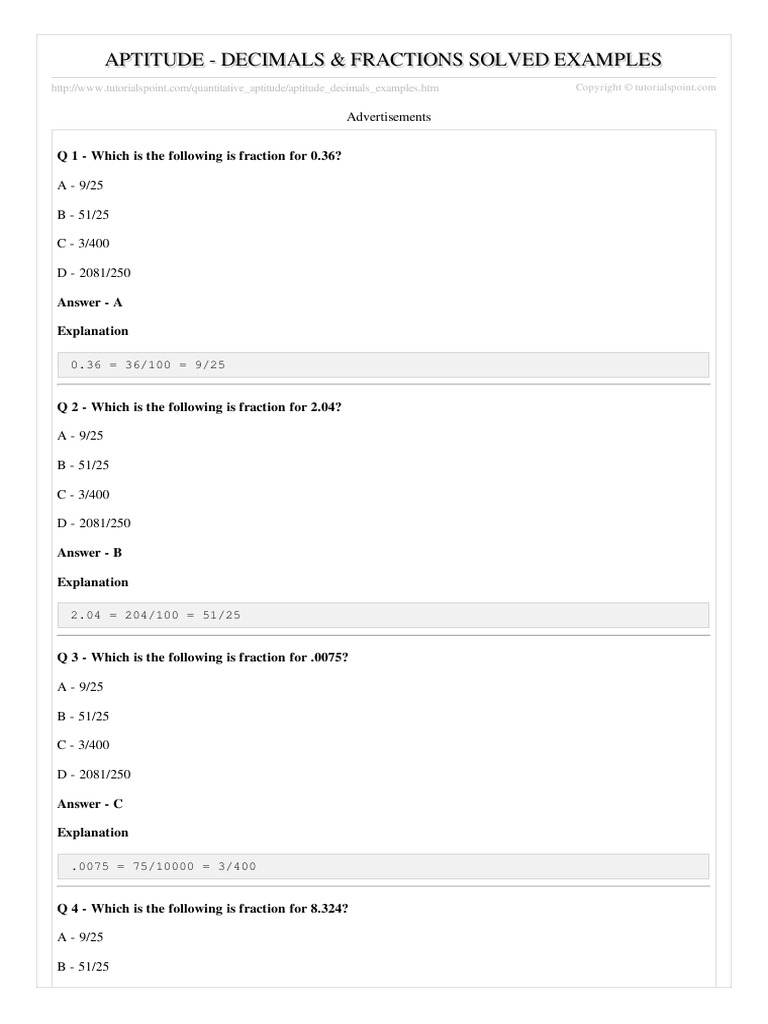 Aptitude Decimals Examples Division Mathematics Notation