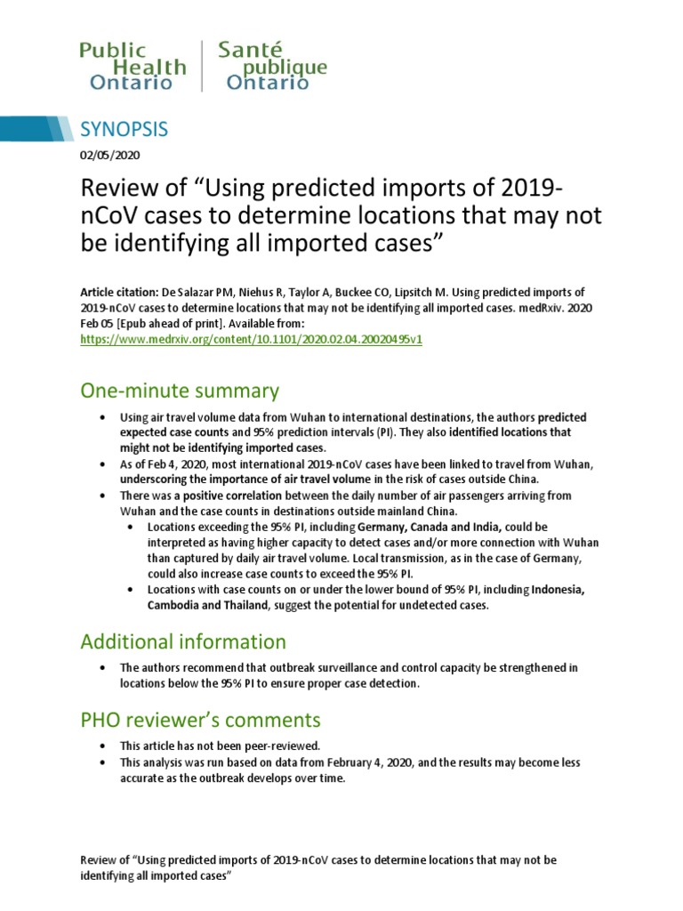 Research Medrxiv Using Predicted Imports Public Health Medical