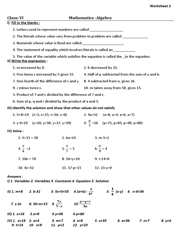CBSE Class 6 Algebra Worksheet PDF Variable (Mathematics) Equations