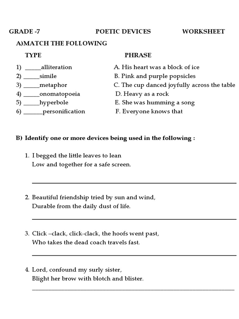 Grade 7 Poetic Devices Worksheet A) Match The Following Type Phrase PDF