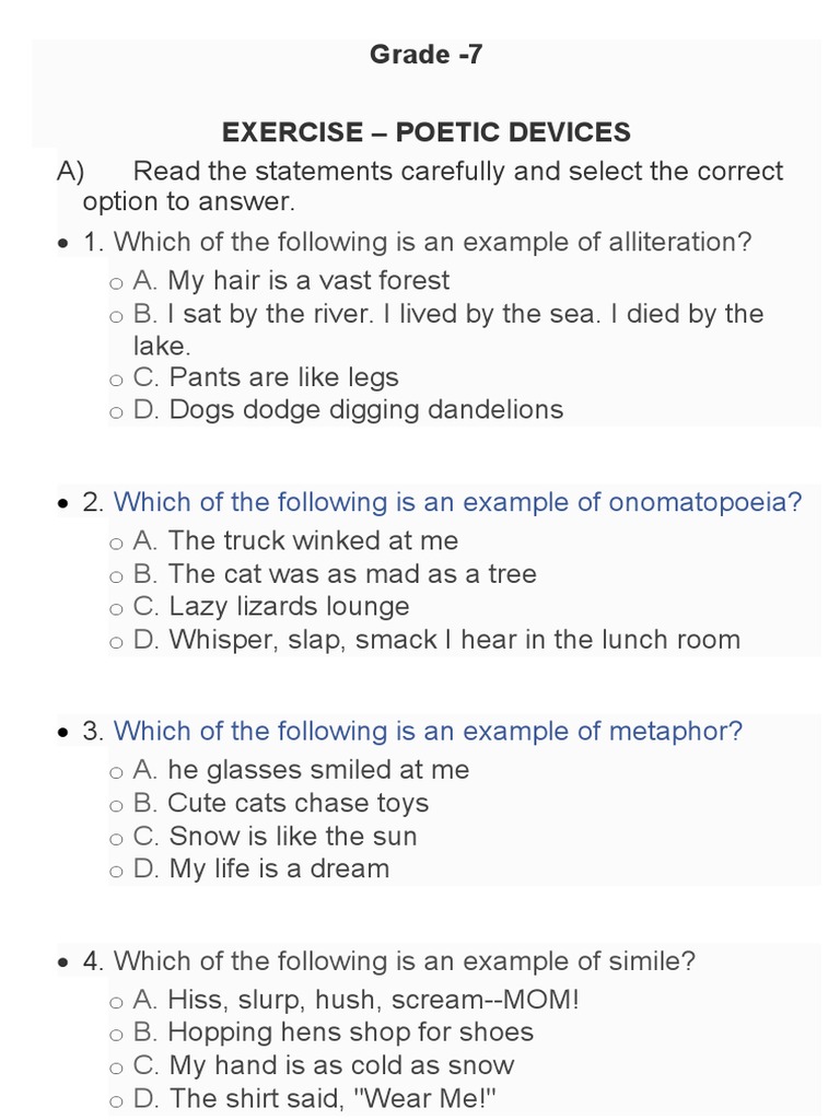 exercise poetic devices grade 7 pdf poetic devices literary techniques