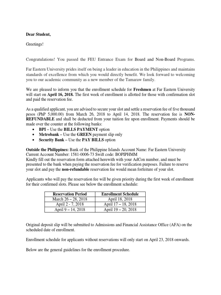 FEU Enrollment Guide for Freshmen 2018 | PDF | Bachelor's Degree | The Arts