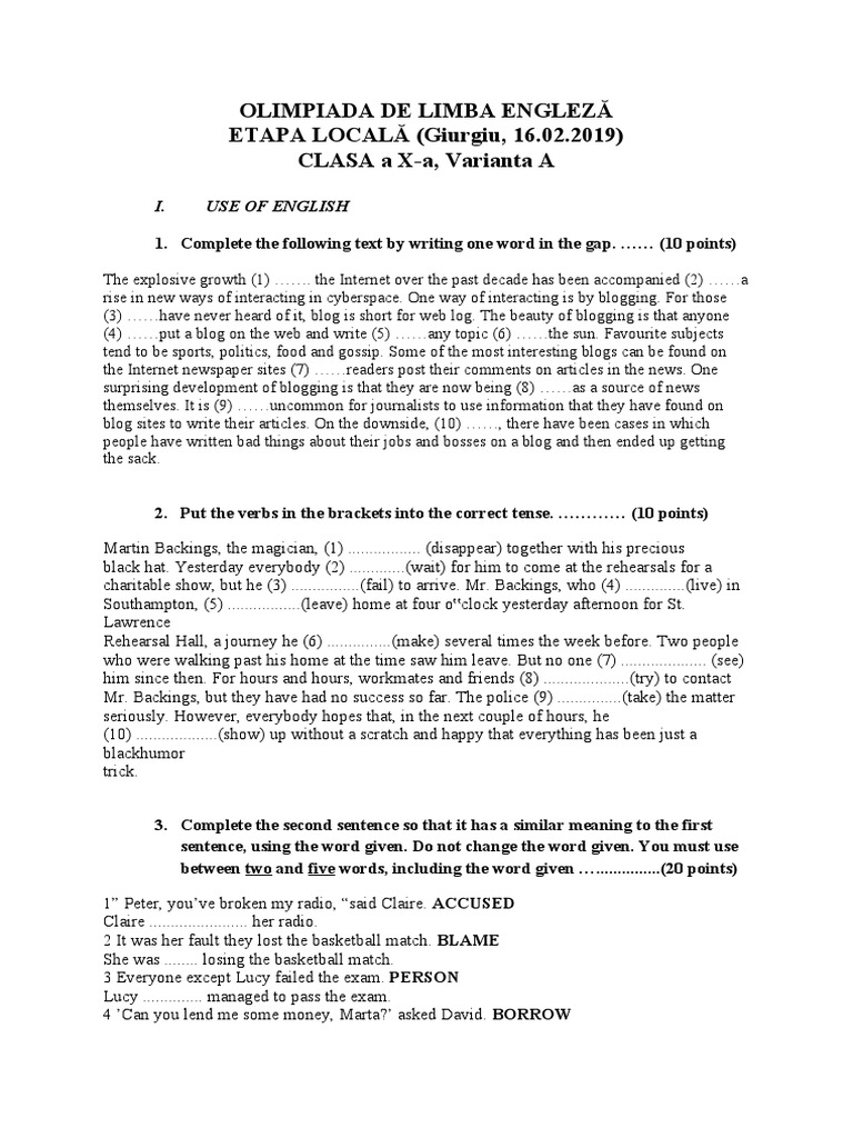 English Olympiad Exam - Giurgiu 2019 | PDF | Blog | Crime & Violence