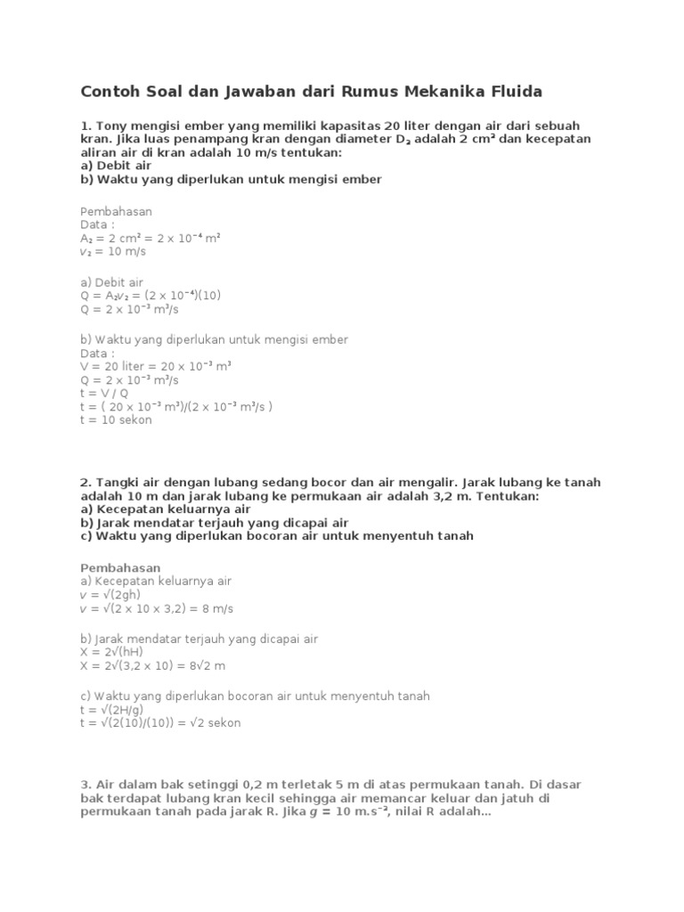 Contoh Soal Dan Jawaban Mekanika Fluida