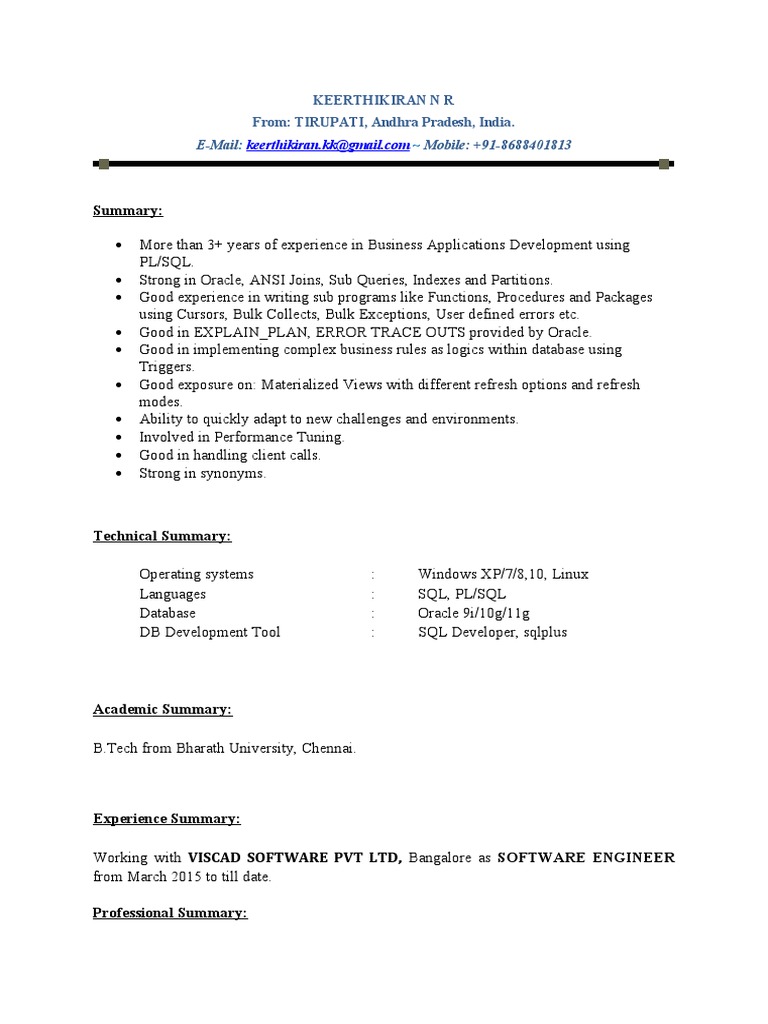 PL/SQL Developer Resume Summary | PDF | Pl/Sql | Sql