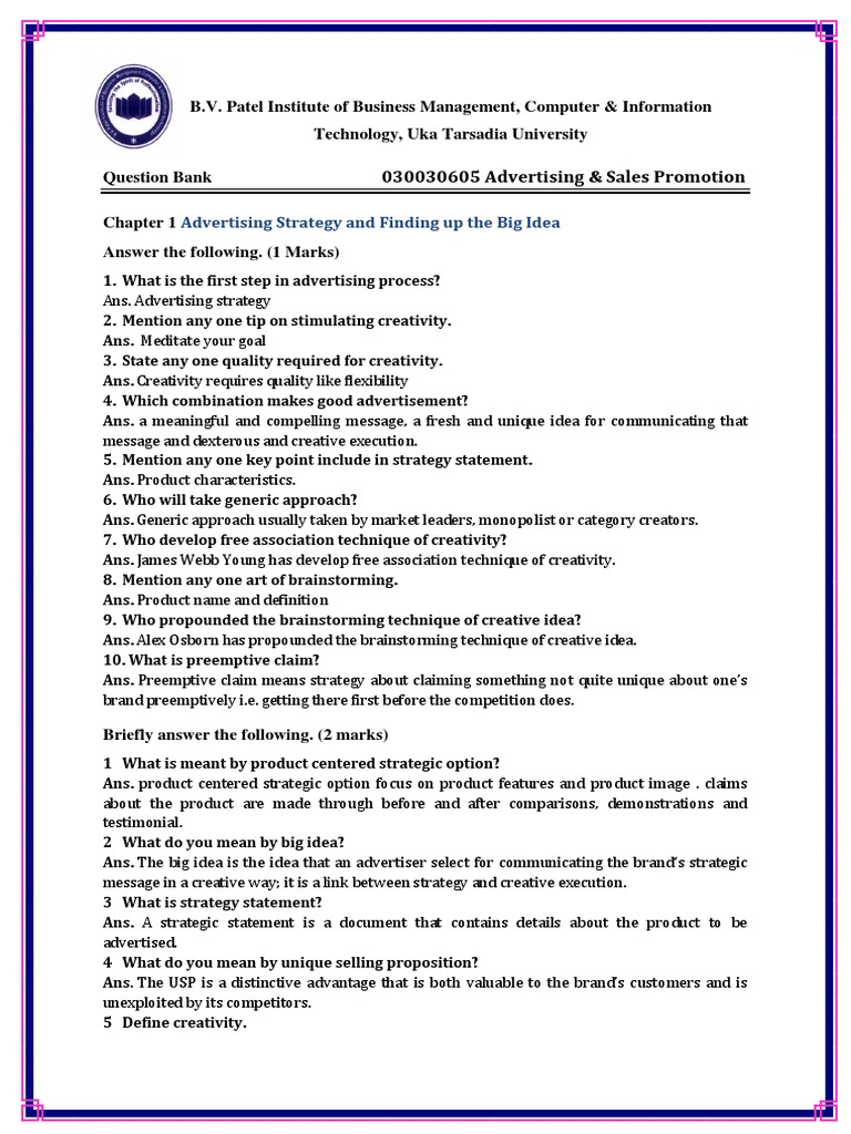 Advertising & Sales Promotion Q&A Guide | PDF | Advertising | Brand