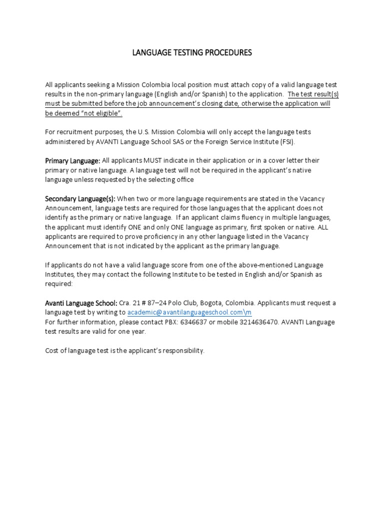 Language Testing Requirements for Applicants | PDF