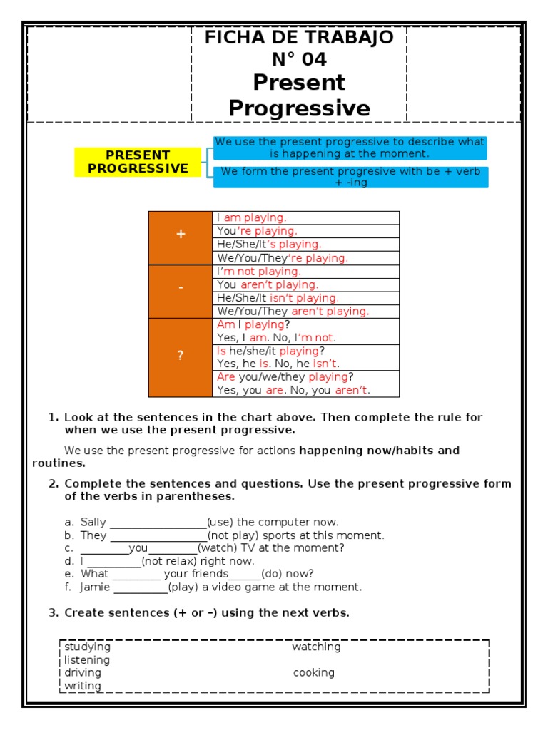 Present Progressive: Ficha de Trabajo #04 | PDF | Adverb | Verb