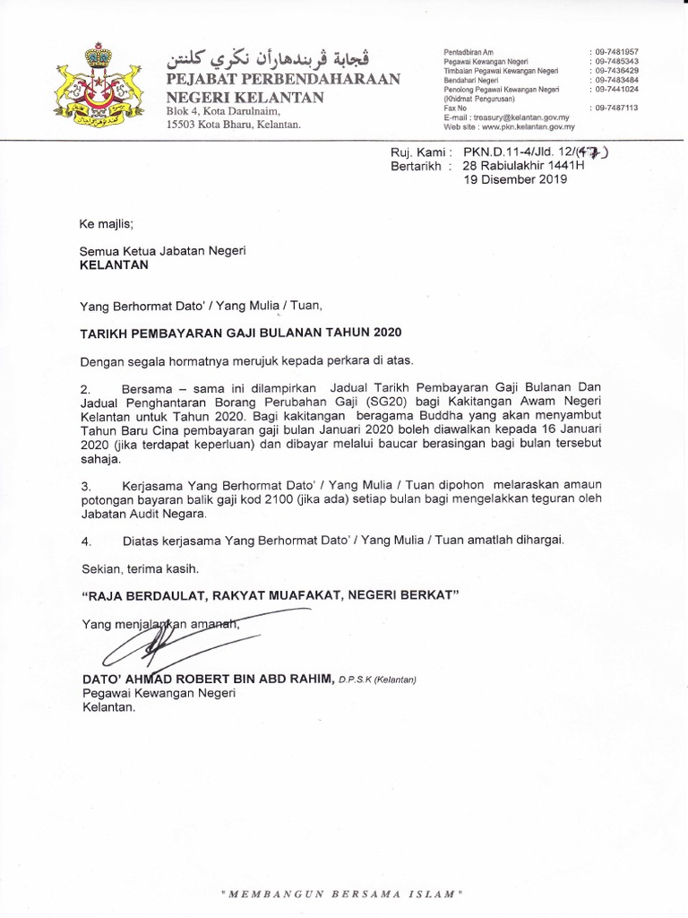 Jadual Pembayaran Gaji Kakitangan Awam Kerajaan Negeri Bagi Tahun 2020 Pdf Pdf