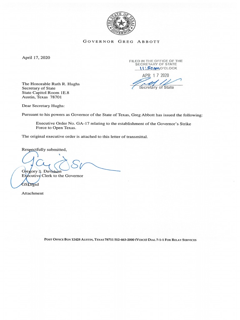 Gov. Greg Abbott's Executive Order To Establish A Strike Force To Open ...