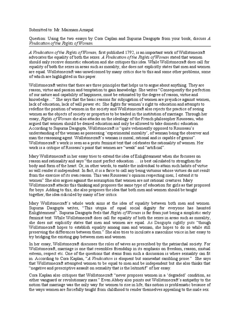 Vindication of The Rights of Woman. A Vindication of The Rights of