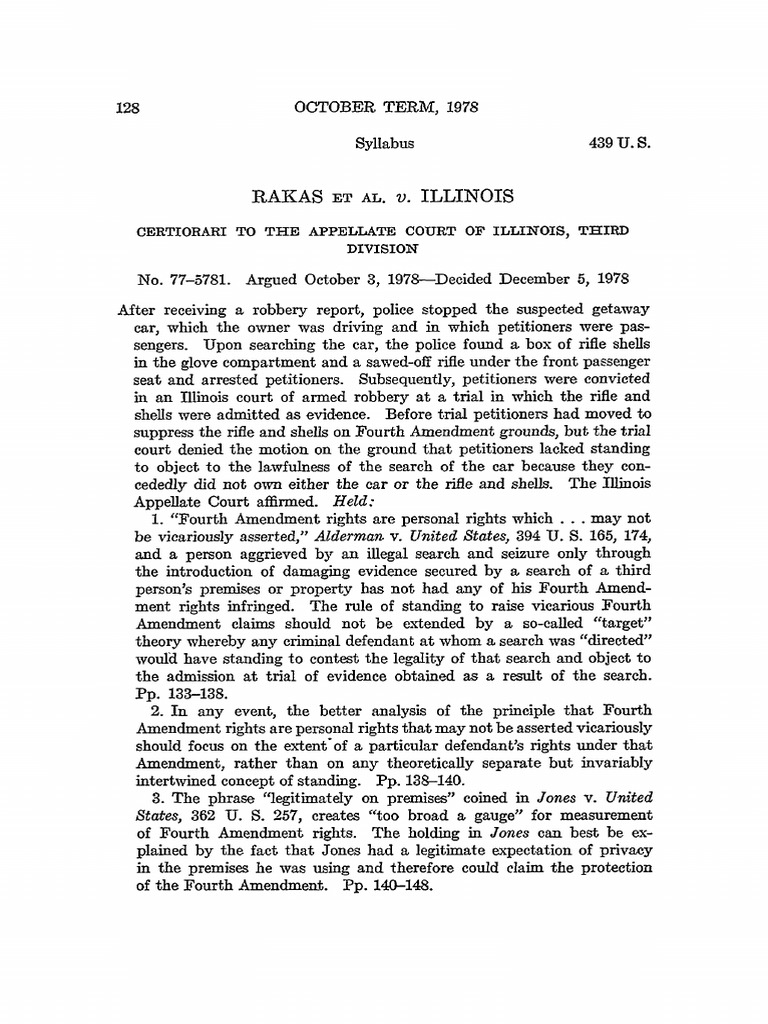 Fourth Amendment Rights of Passengers in an Automobile Rakas v