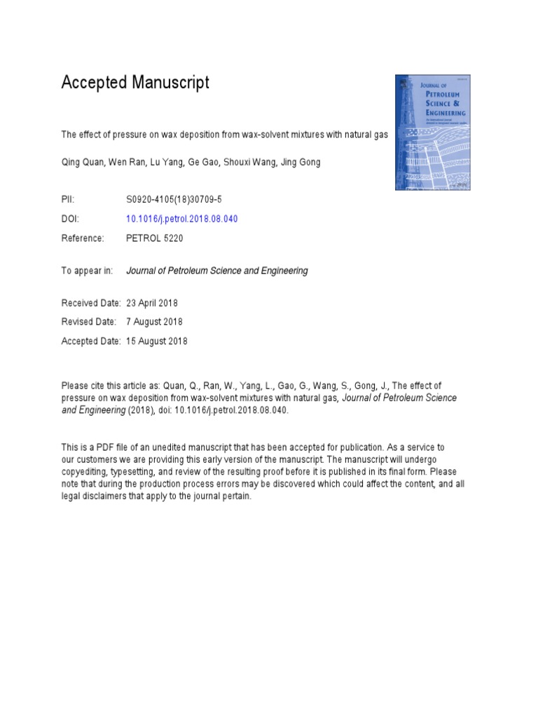 The Effect of Pressure on Wax Deposition from WaxSolvent Mixtures with