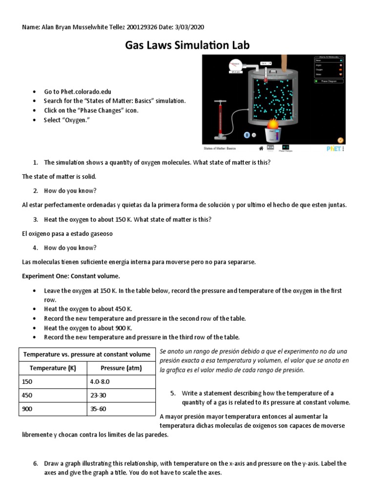 Gas Laws Simulation Lab Experiment One Constant Volume PDF
