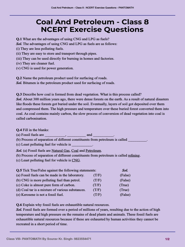 Coal and Petroleum Class 8 NCERT Exercise Questions PANTOMATH