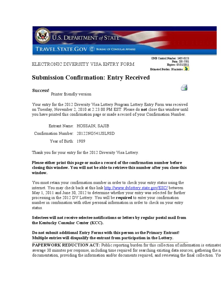 2012 Diversity Visa Lottery Confirmation | PDF | Travel Visa ...