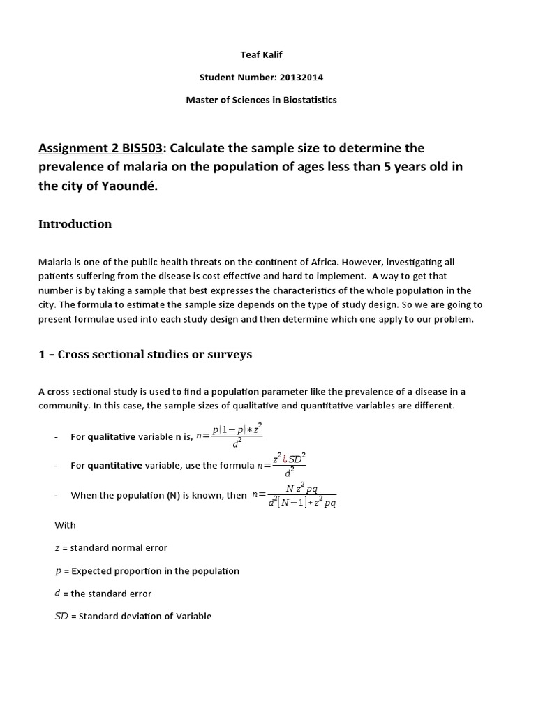 Sample Size Calculation for Malaria Study | PDF | Sample Size ...