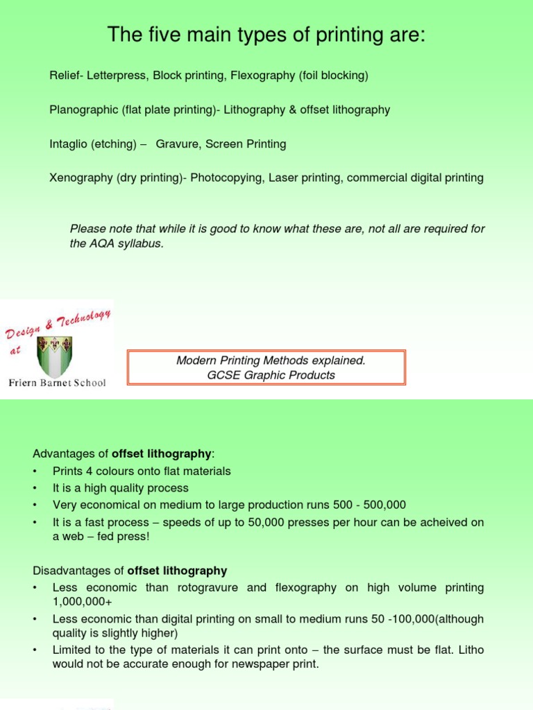 Overview of Modern Printing Methods | PDF | Printing | Lithography