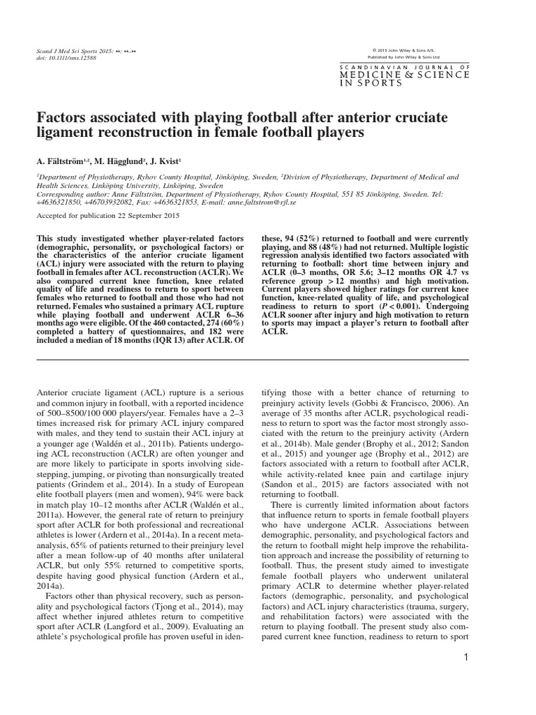 Factors Associated With Playing Football After Anterior Cruciate Ligament Reconstruction in