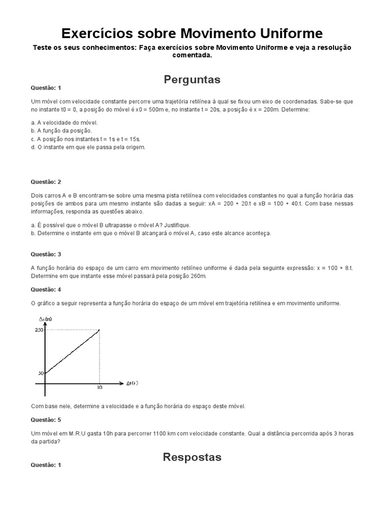 Exercícios Sobre Movimento Uniforme - Brasil Escola | PDF | Trajetória ...