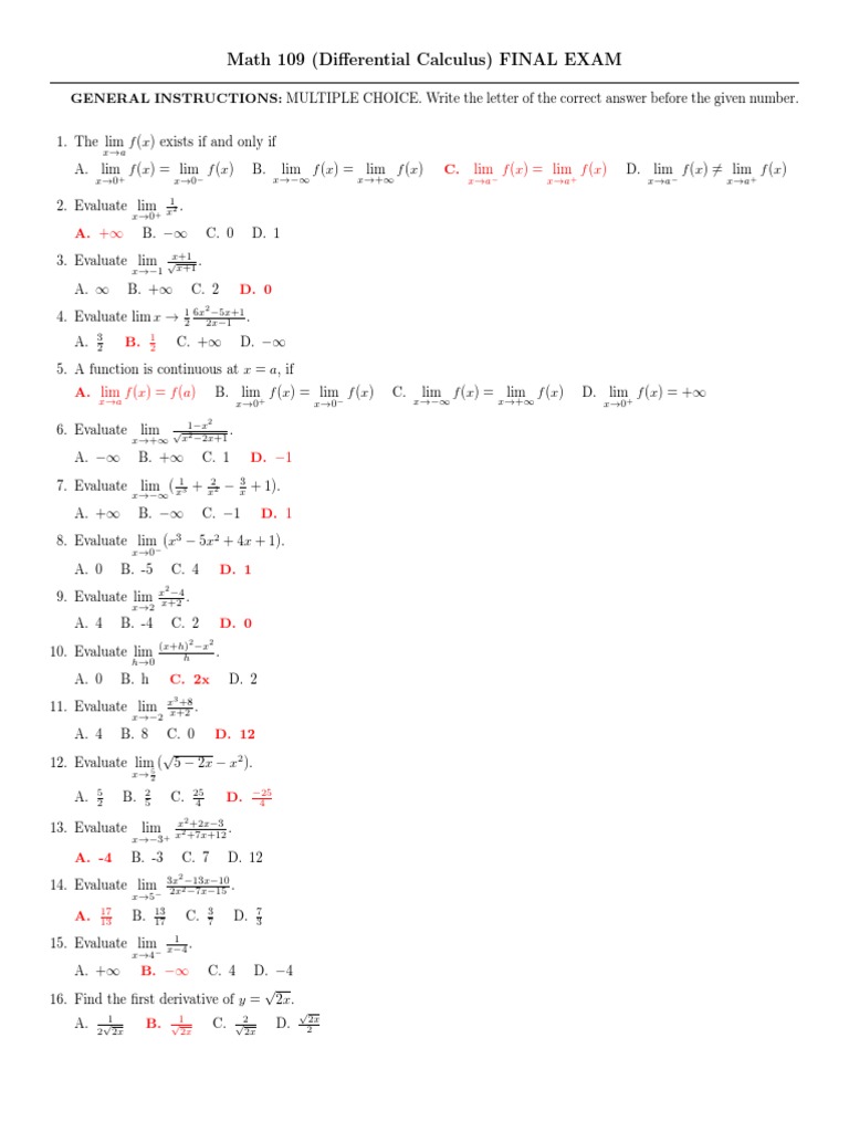 Math 109 Final Exam PDF Mathematical Analysis Calculus
