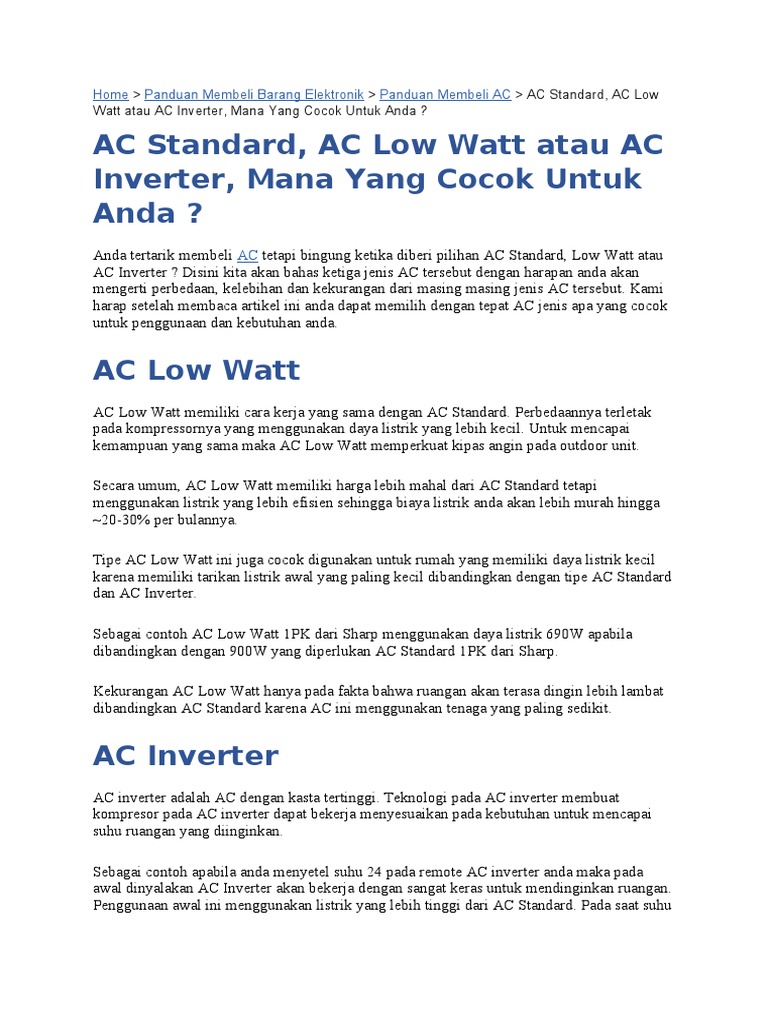 Perbandingan AC Standard, Low Watt, Inverter | PDF