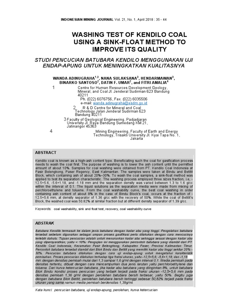 Washing Test Of Kendilo Coal Using A Sink Float Method To Improve Its Quality Coal Density