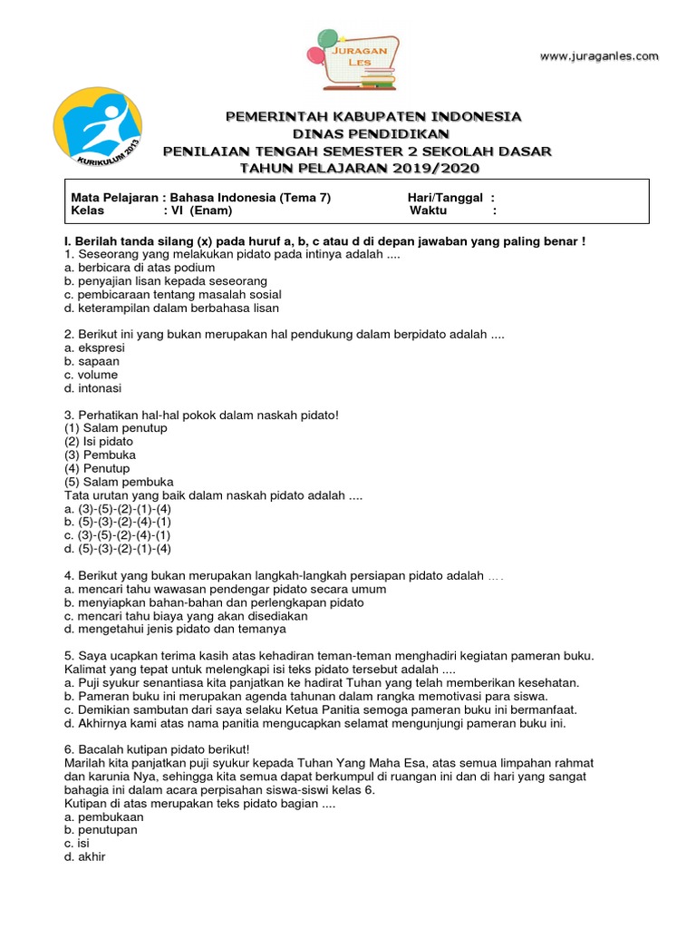 Soal Tematik Kelas 6 Tema 7 Mapel Bahasa Indonesia