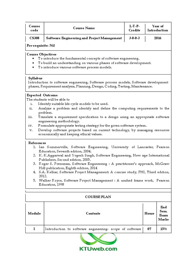 Software Engineering Course Guide | PDF | Software Development Process ...