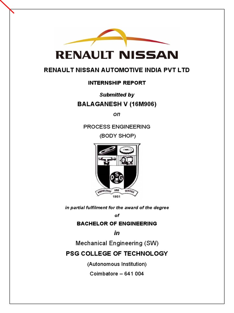 Renault Nissan Automotive India Pvt Ltd Internship Report Nissan Renault