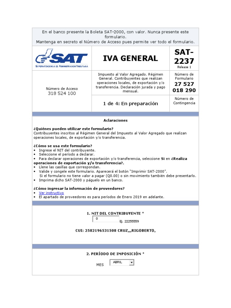 Instrucciones Formulario IVA General SAT-2237 | PDF | Impuesto al valor ...