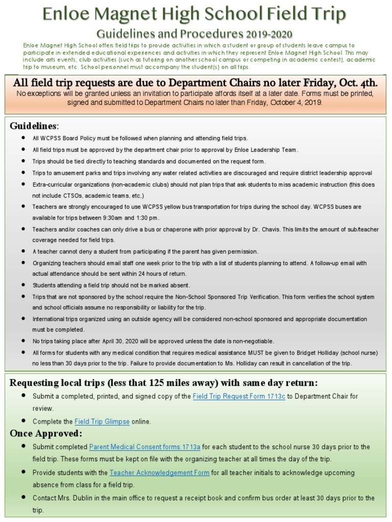 Enloe Field Trip Guidelines PDF Cheque Bus