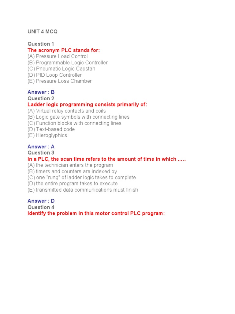 Plc Mcq Unit4 Programmable Logic Controller Computer Engineering