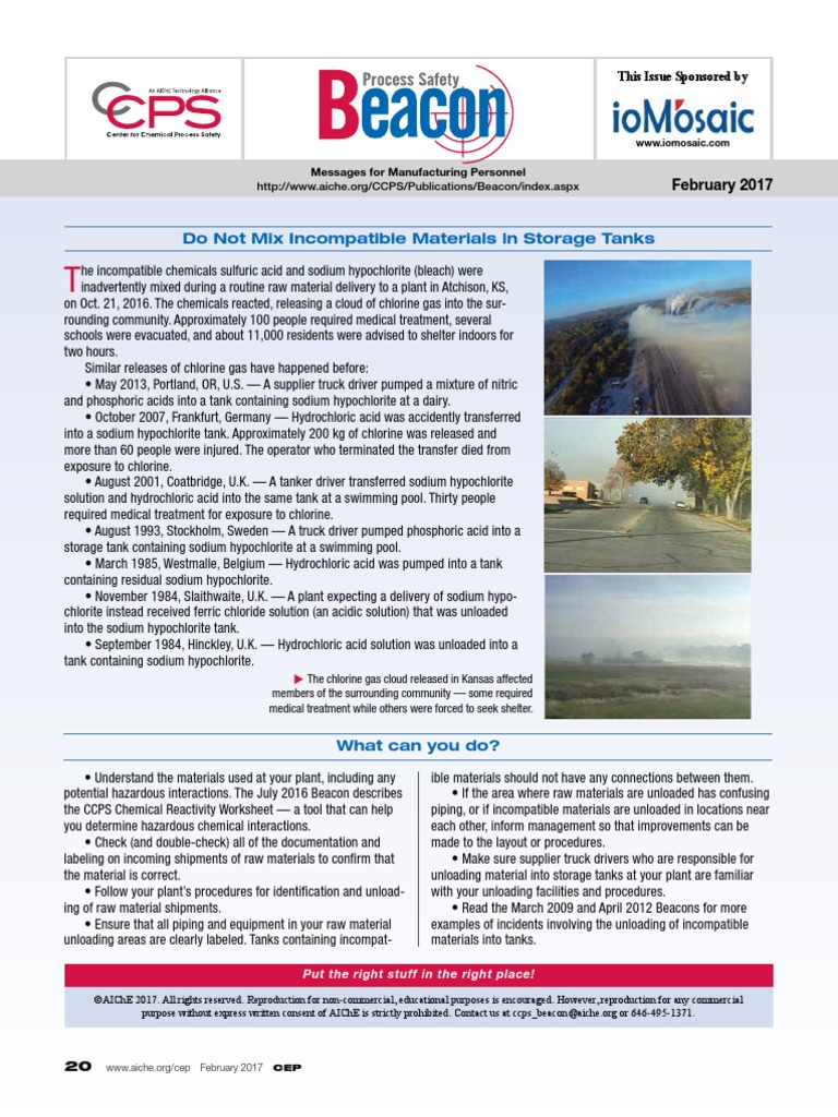 Mix Incompatible Storage Tanks CEP | PDF | Chlorine | Atoms