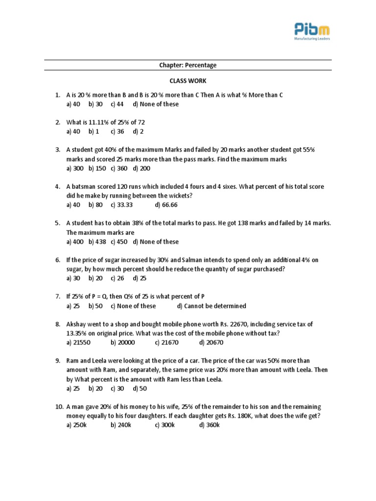 Chapter: Percentage Class Work | PDF | Percentage | Taxes
