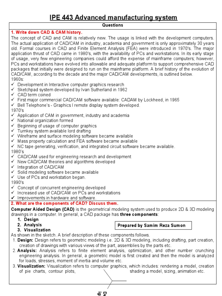 IPE 443 Advanced Manufacturing System: 1. Write Down CAD & CAM History ...