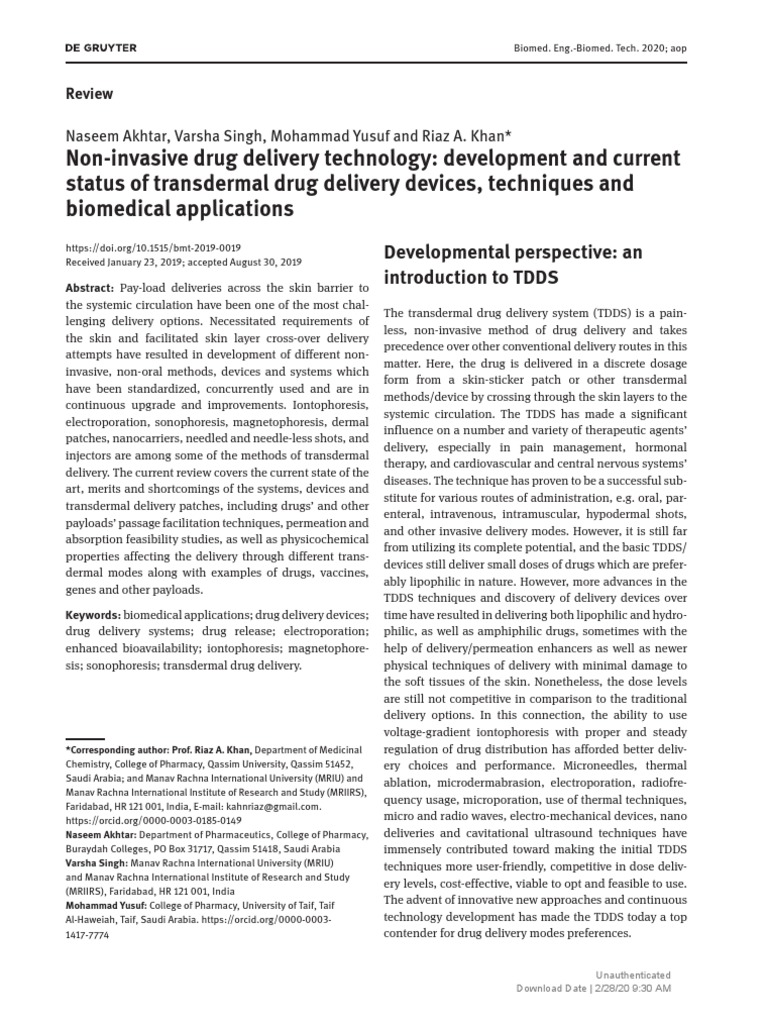 Non-Invasive Drug Delivery Technology: Development and Current Status ...