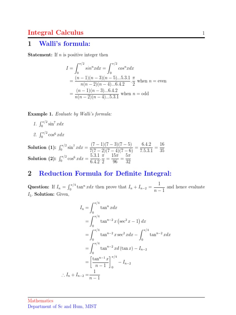 Wallis' Theorem and Reduction Formulas | PDF | Integral | Complex Analysis