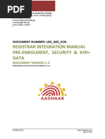 Uidai: Registrar Integration Manual Pre-Enrolment, Security & Kyr+ Data