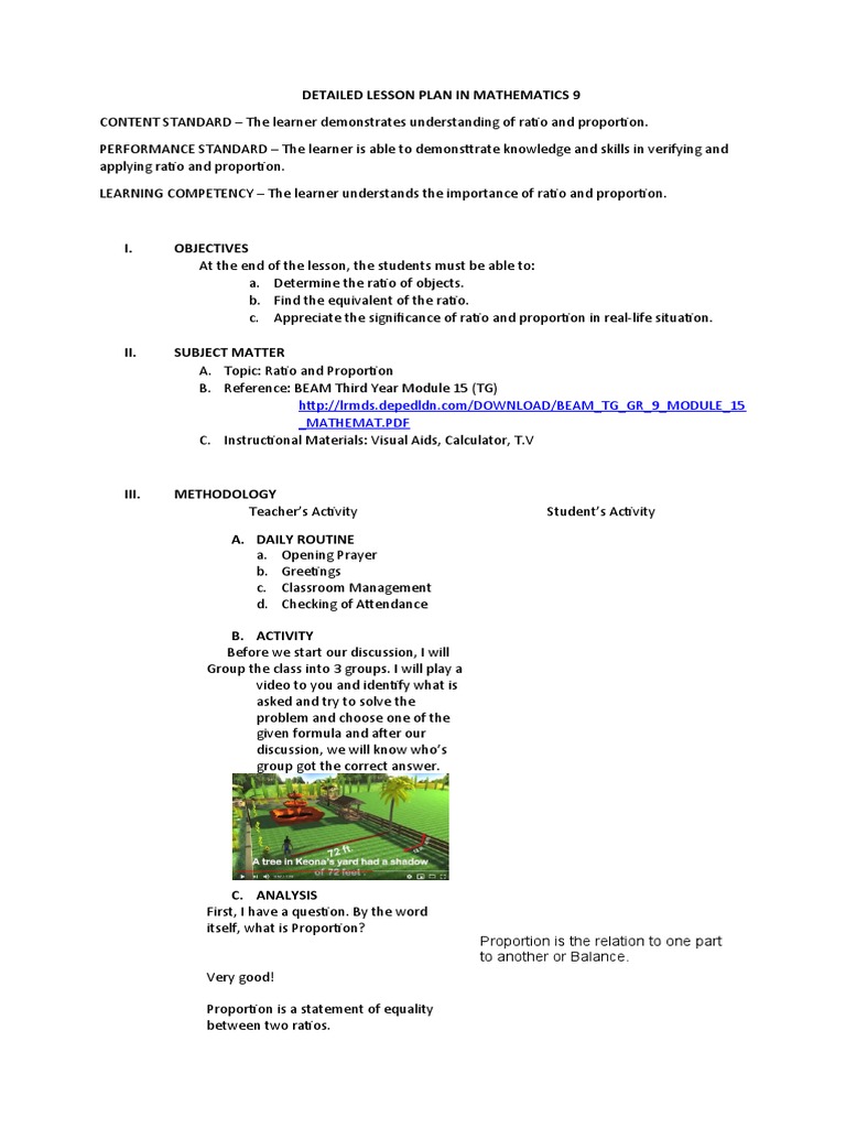 Grade 9 Ratio and Proportion Lesson Plan | PDF | Ratio | Lesson Plan
