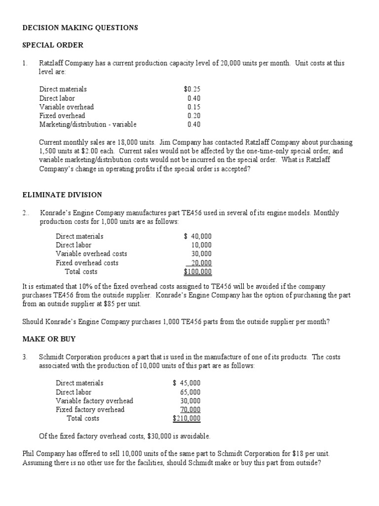 Decision Making Questions Special Order | PDF | Cost | Cost Of Goods Sold