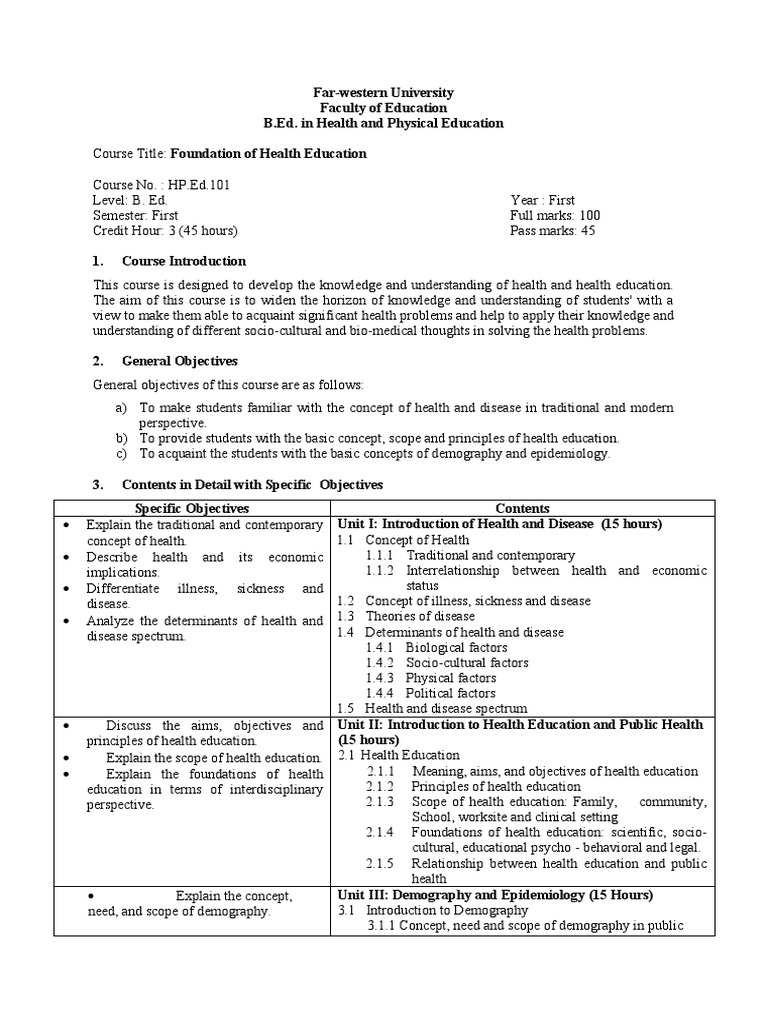 Foundation of Health Education PDF Demography Health Education