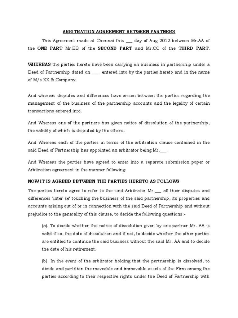 Arbitration Agreement for Partnership Disputes | PDF | Arbitration ...