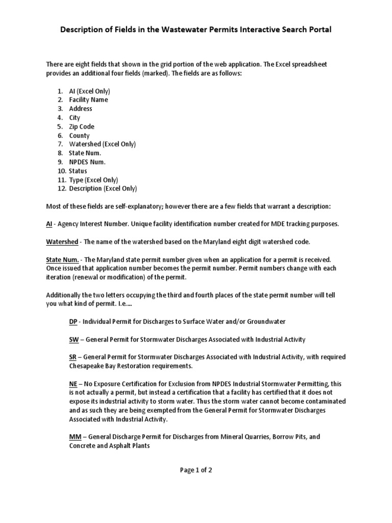 Description of Fields in The Wastewater Permits Interactive Search ...